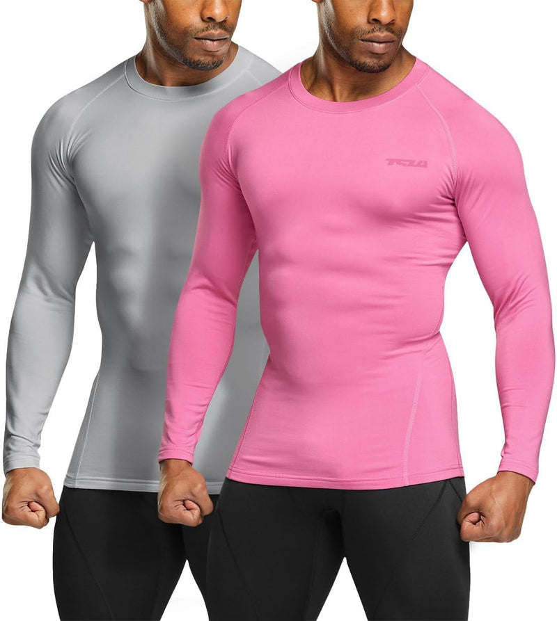 Zwei Herren-Kompressionsshirts, langarm, rosa und grau, sportlich, eng anliegend.