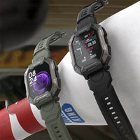 Zwei robuste Outdoor-Smartwatches, grün und schwarz, mit Fitness-Tracking und wasserdichtem Design.