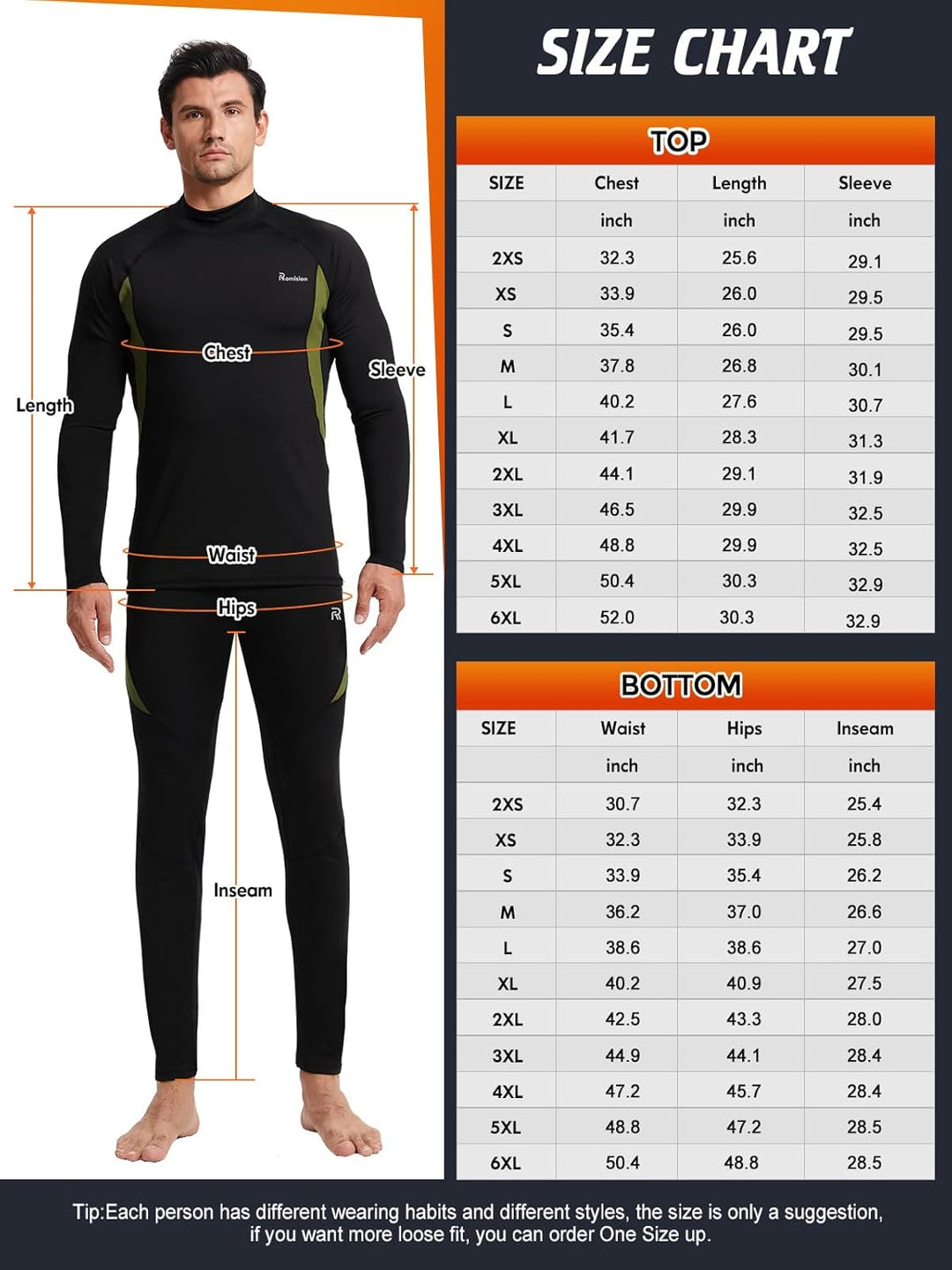 Größentabelle für schwarze Thermounterwäsche, Herren, langärmelig, atmungsaktiv, elastisch.