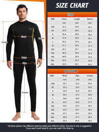 Größentabelle für schwarze Thermounterwäsche, Herren, langärmelig, atmungsaktiv, elastisch.
