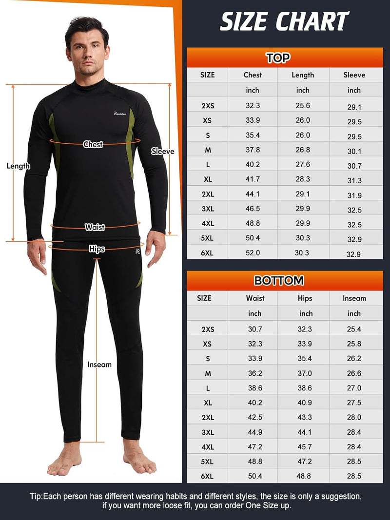 Größentabelle für schwarze Thermounterwäsche, Herren, langärmelig, atmungsaktiv, elastisch.