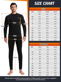 Größentabelle für schwarze Thermounterwäsche-Set, Herren, langärmelig, atmungsaktiv, elastisch.