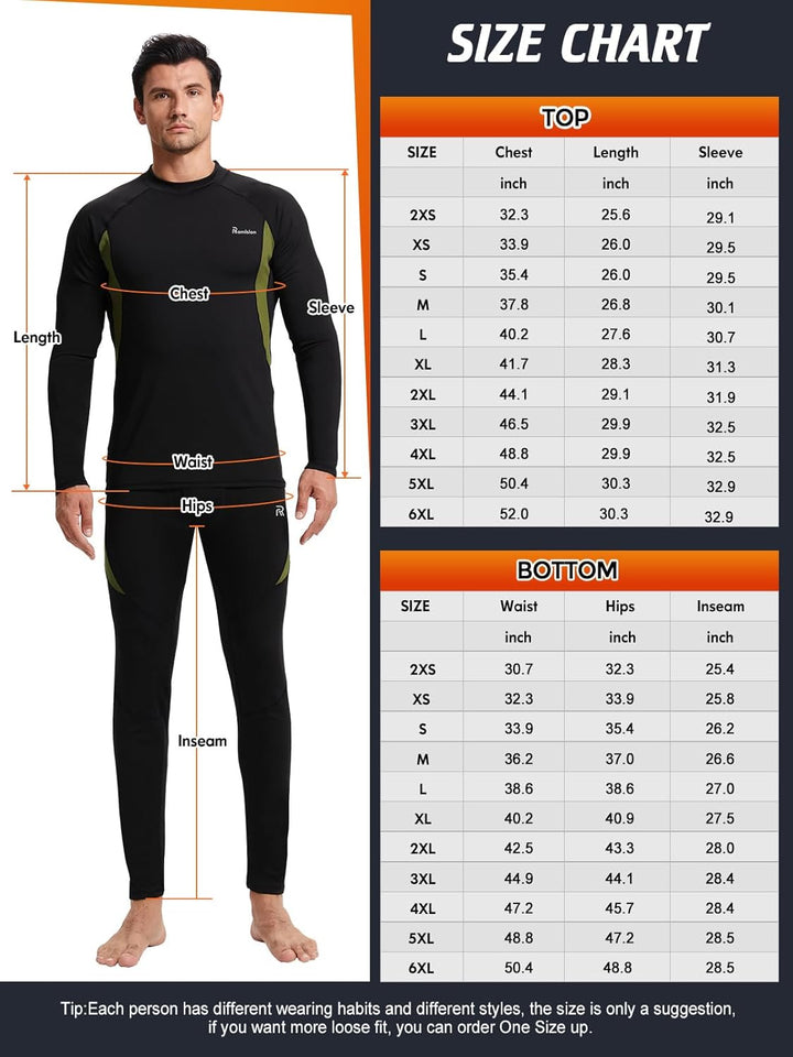 Größentabelle für schwarze Thermounterwäsche-Set, Herren, langärmelig, atmungsaktiv, elastisch.