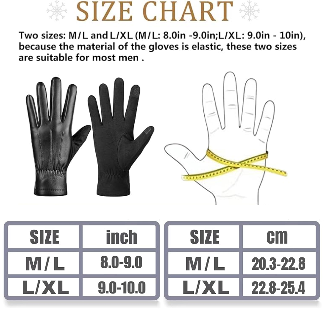 Größentabelle für schwarze Lederhandschuhe, elastisch, Größen M/L und L/XL, mit Maßband.