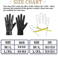 Größentabelle für schwarze Lederhandschuhe, elastisch, Größen M/L und L/XL, mit Maßband.