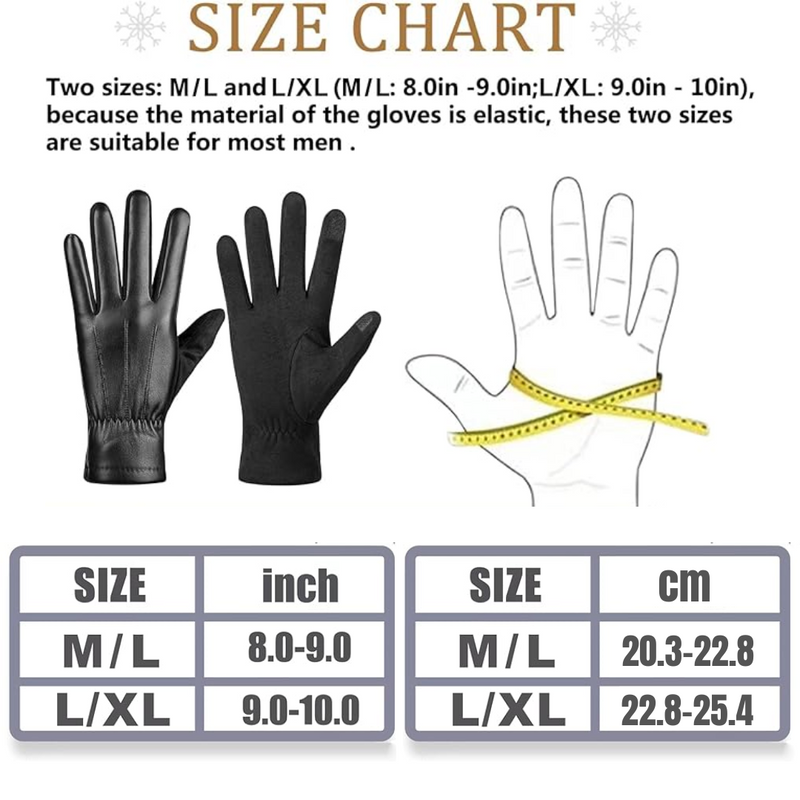 Größentabelle für schwarze Lederhandschuhe, elastisch, Größen M/L und L/XL, mit Maßband.