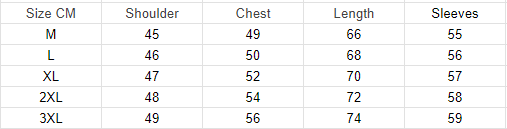 Größentabelle für Herrenhemden, Maße in CM, Schulter, Brust, Länge, Ärmel, Größen M bis 3XL.