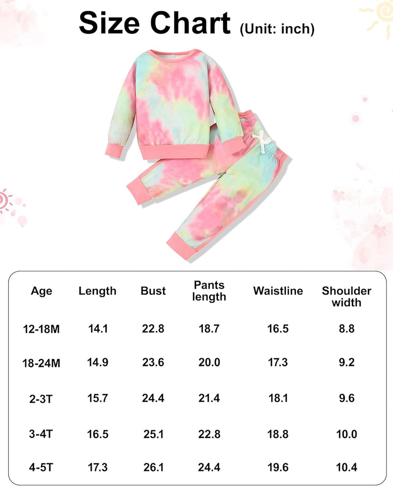 Buntes Kinder-Tie-Dye-Set, Pullover und Jogginghose, Größenübersicht, Baumwolle, Freizeitkleidung.