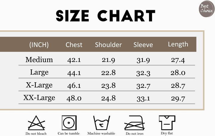 Größentabelle für Herrenhemden, Maße in Zoll, Medium bis XX-Large, Pflegehinweise.