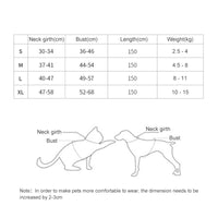 Größentabelle für Haustierkleidung, Maße in cm, Größen S bis XL, Gewicht in kg.