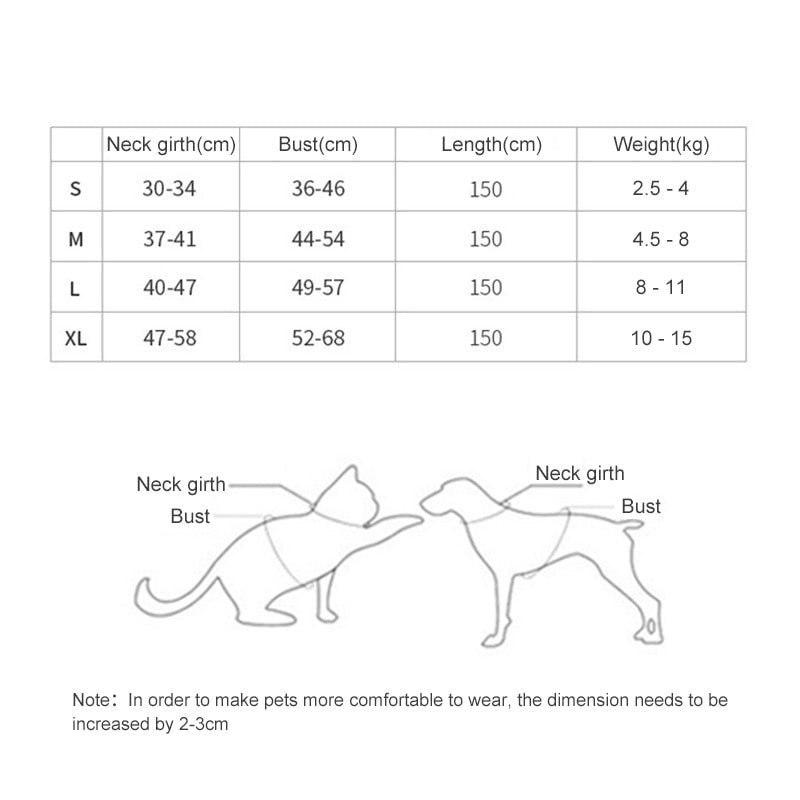 Größentabelle für Haustierkleidung, Maße in cm, Größen S bis XL, Gewicht in kg.