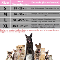 Größentabelle für Hundehalsbänder, verschiedene Rassen, Größen S bis XL, rosa Hintergrund.