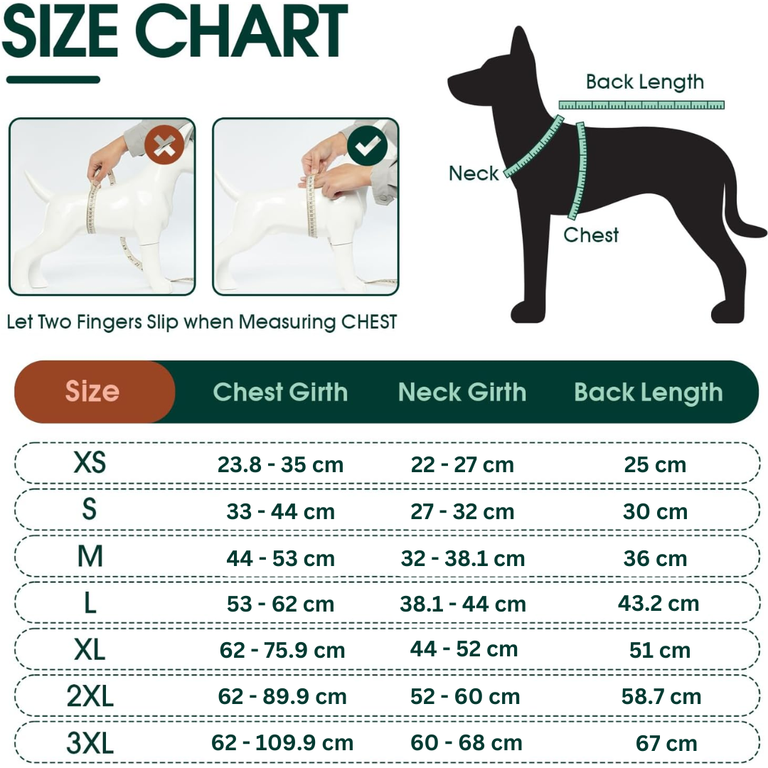 Größentabelle für Hundegeschirr, Maße für Brust, Hals, Rückenlänge, Größen XS bis 3XL.