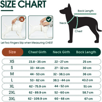 Größentabelle für Hundegeschirr, Maße für Brust, Hals, Rückenlänge, Größen XS bis 3XL.