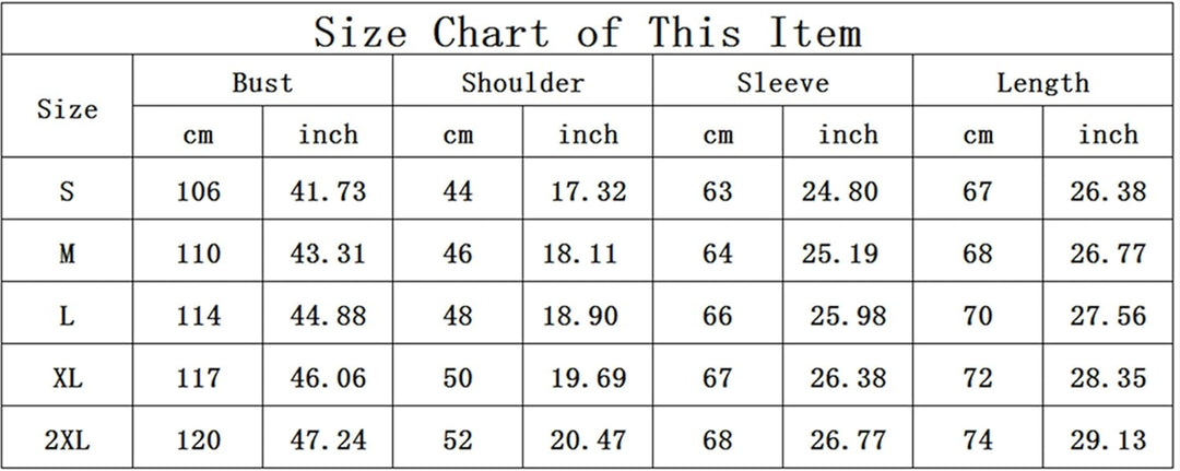 Größentabelle für Kleidung, Maße in cm und inch, Größen S bis 2XL, Brust, Schulter, Ärmel, Länge.