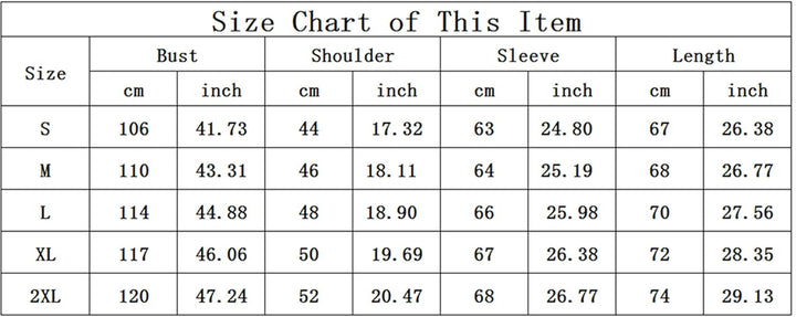 Größentabelle für Kleidung, Maße in cm und inch, Größen S bis 2XL, Brust, Schulter, Ärmel, Länge.