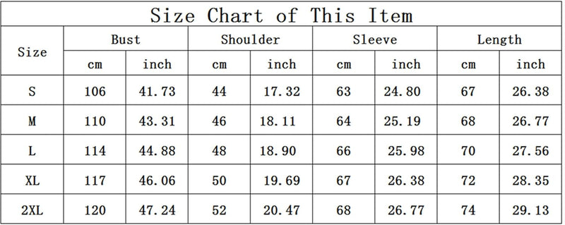 Größentabelle für Kleidung, Maße in cm und inch, Größen S bis 2XL, Brust, Schulter, Ärmel, Länge.