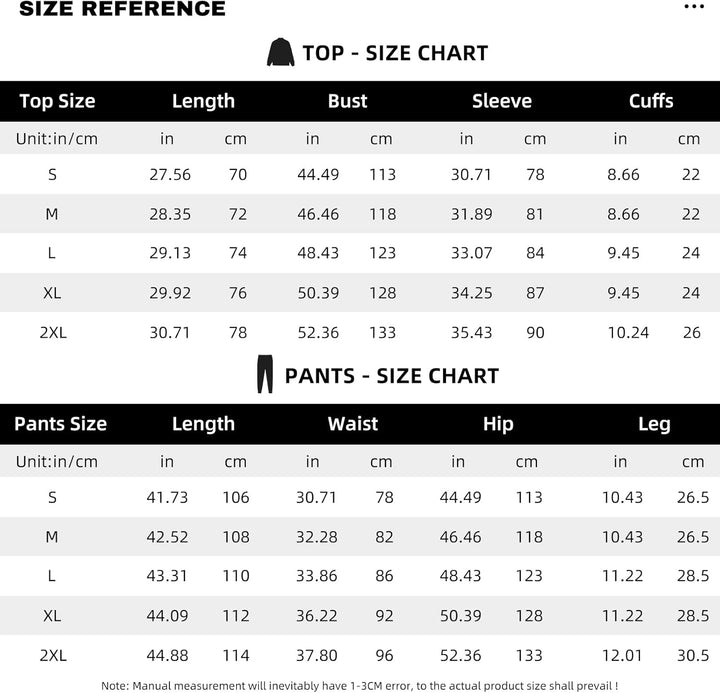Größentabelle für Oberteile und Hosen, Maße in Zoll und cm, Größen S bis 2XL.