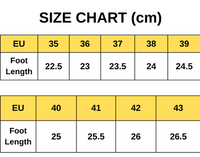 Größentabelle EU Schuhgrößen 35-43, Fußlänge in cm, gelb-weißer Hintergrund.