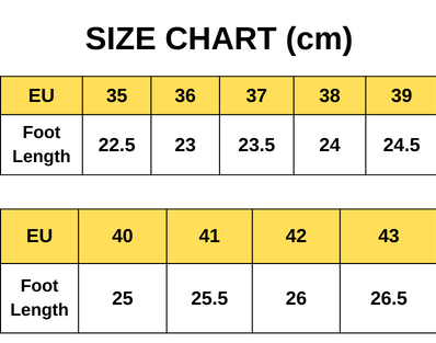 Größentabelle EU Schuhgrößen 35-43, Fußlänge in cm, gelb-weißer Hintergrund.