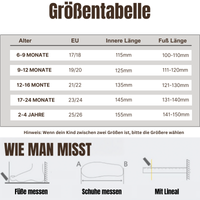 Größentabelle für Kinderschuhe, Altersgruppen, EU-Größen, Fußlänge, Messanleitung.