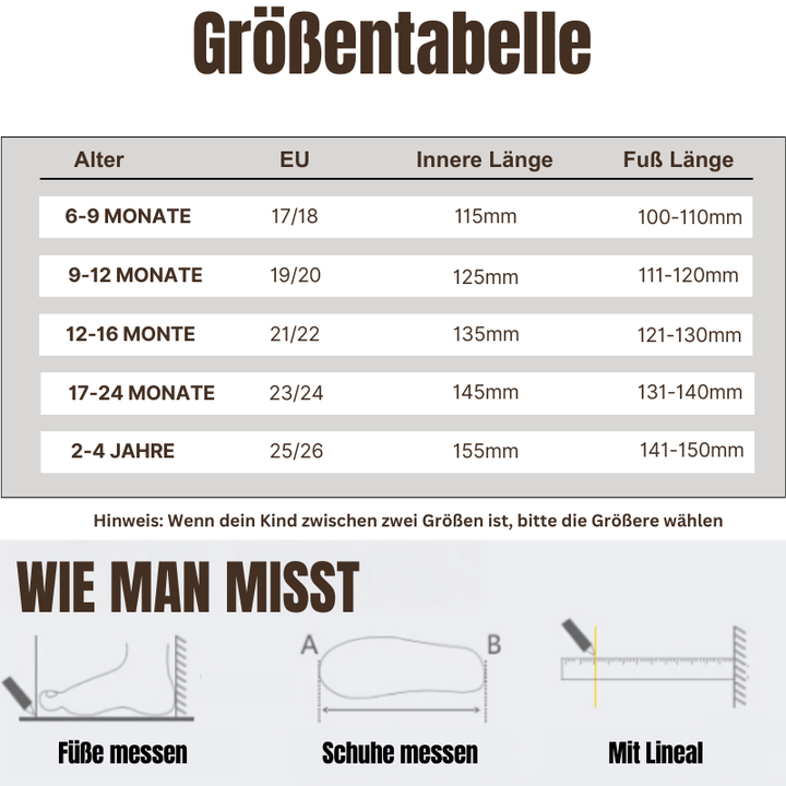 Größentabelle für Kinderschuhe, Altersgruppen, EU-Größen, Fußlänge, Messanleitung.