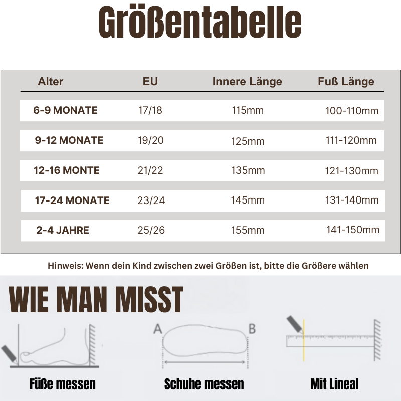 Größentabelle für Kinderschuhe, Altersgruppen, EU-Größen, Fußlänge, Messanleitung.