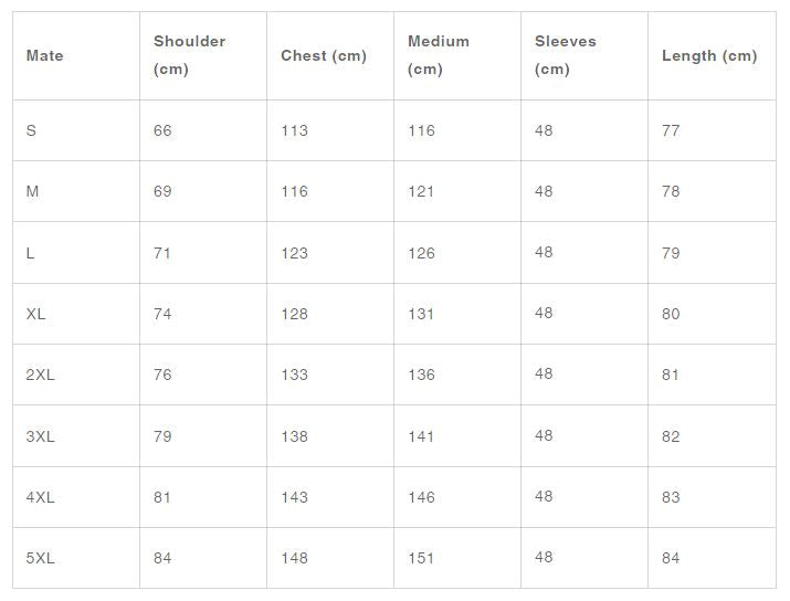 Größentabelle für Kleidung, Maße in cm, Schulter, Brust, Medium, Ärmel, Länge, Größen S bis 5XL.
