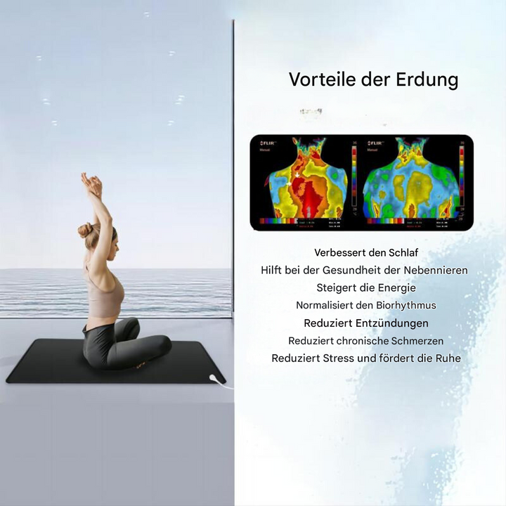 Frau auf schwarzer Yogamatte, Vorteile der Erdung, Gesundheit, Entspannung, Stressabbau.