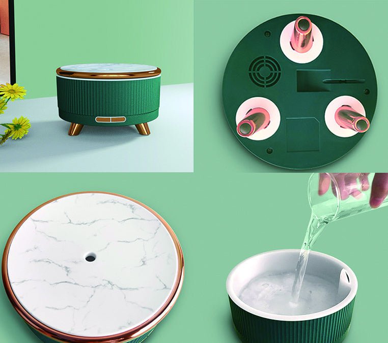 Grüner Aromatherapie-Luftbefeuchter, rund, Marmor-Optik, modernes Design, für Zuhause.