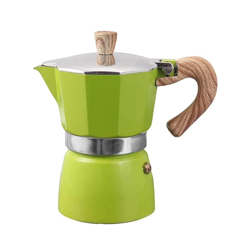 Grüne Espressokanne aus Aluminium mit Holzgriff, italienisches Design, 6 Tassen.