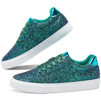 Glitzernde grüne Sneaker, Damen, mit weißer Sohle, modisch, bequem, Freizeit, Schuhe.