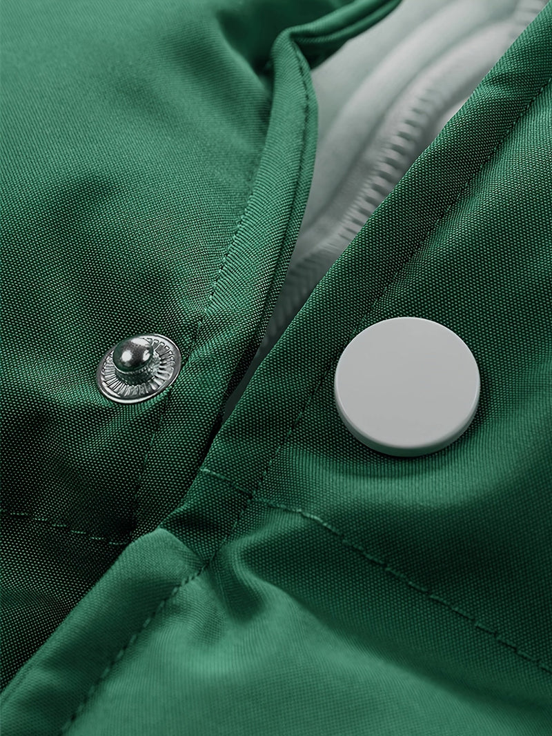 Grüne Jacke mit Druckknopfverschluss, Nahaufnahme, Polyester, Outdoor-Bekleidung.