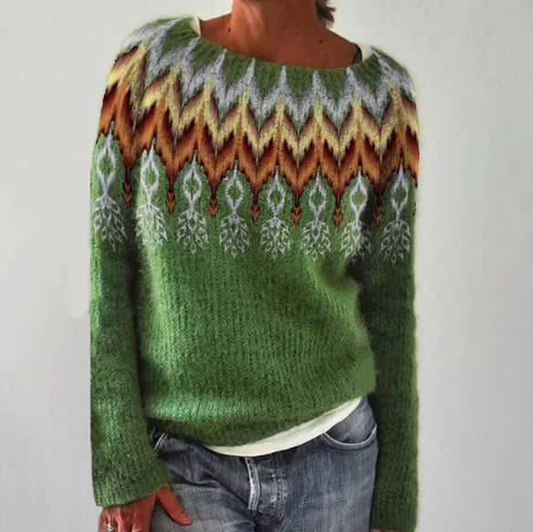 Grüner Damenpullover mit Norwegermuster, Oversize, O-Ausschnitt, lange Ärmel, Herbstmode.