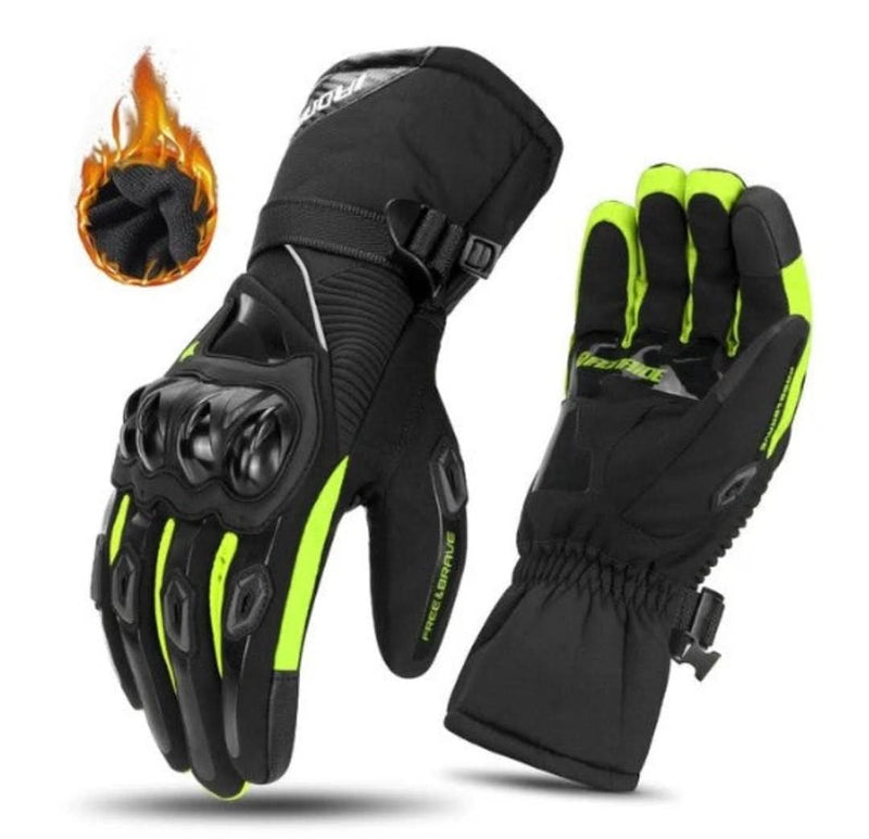 Schwarze und neon-grüne Motorradhandschuhe, wasserdicht, mit Knöchelschutz, für Winter.