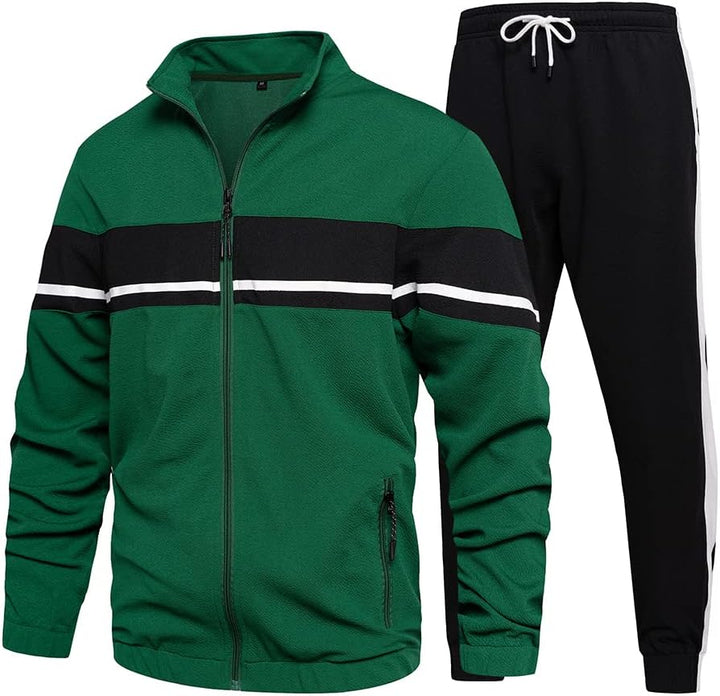 Grüner Trainingsanzug Herren, Reißverschlussjacke, schwarze Hose, Sportbekleidung Set.