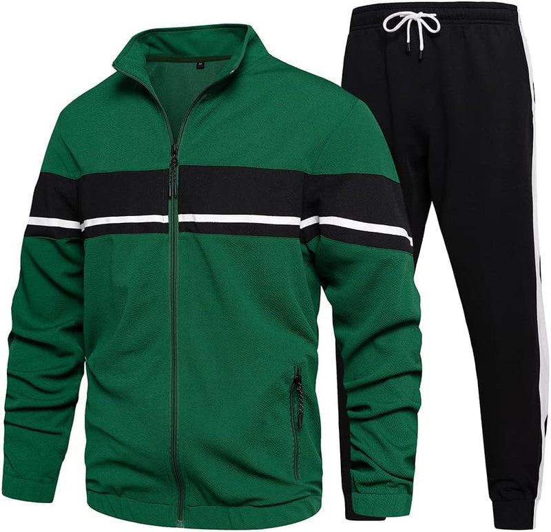 Grüner Trainingsanzug Herren, Reißverschlussjacke, schwarze Hose, Sportbekleidung Set.