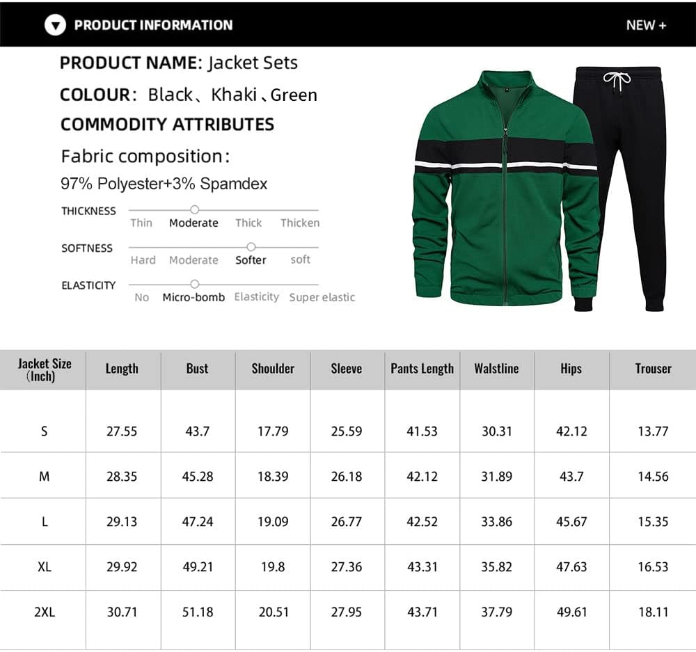 Grüner Trainingsanzug aus Polyester, Spandex, mit Streifen, Größen S-2XL, Herrenmode.