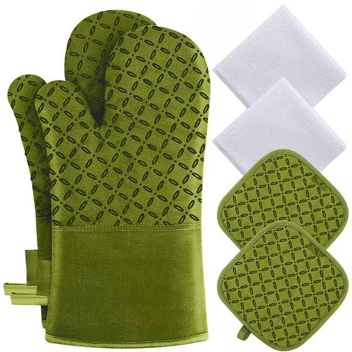 Grüne Ofenhandschuhe und Topflappen-Set mit Muster, Baumwolle, Küche Zubehör.