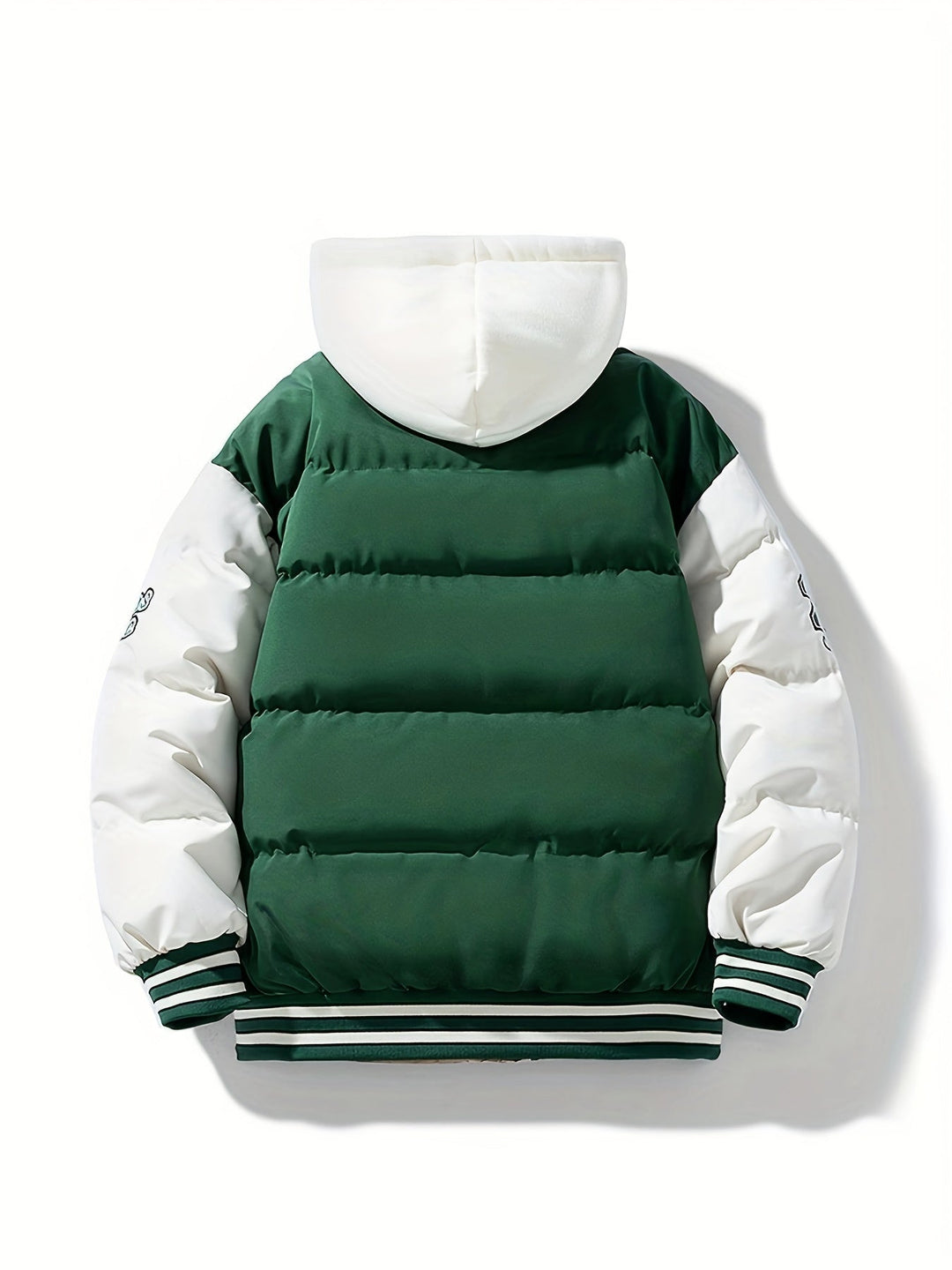 Grüne und weiße Herren-Winterjacke mit Kapuze, gesteppt, warm, modisch, sportlich.