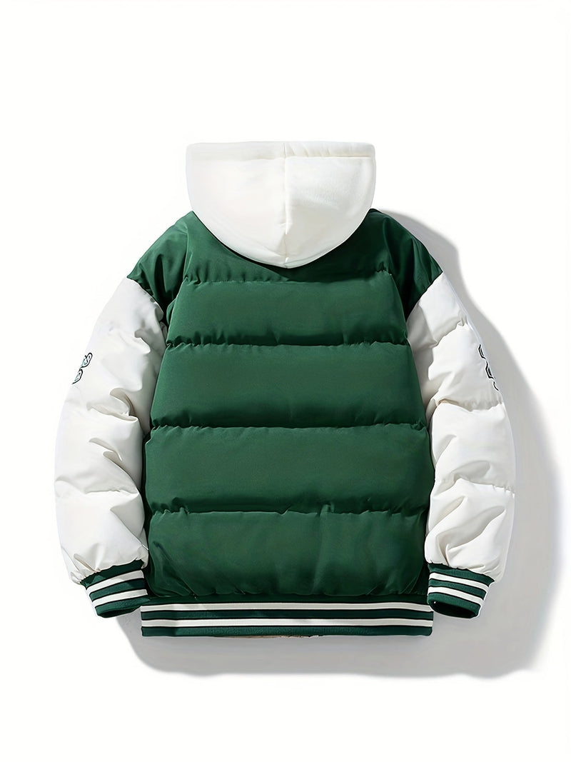 Grüne und weiße Herren-Winterjacke mit Kapuze, gesteppt, warm, modisch, sportlich.