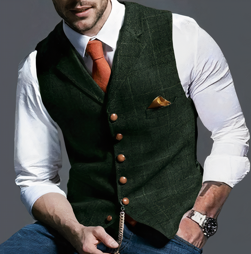 Mann in dunkelgrüner Weste mit orangefarbener Krawatte und Einstecktuch, eleganter Herrenstil.