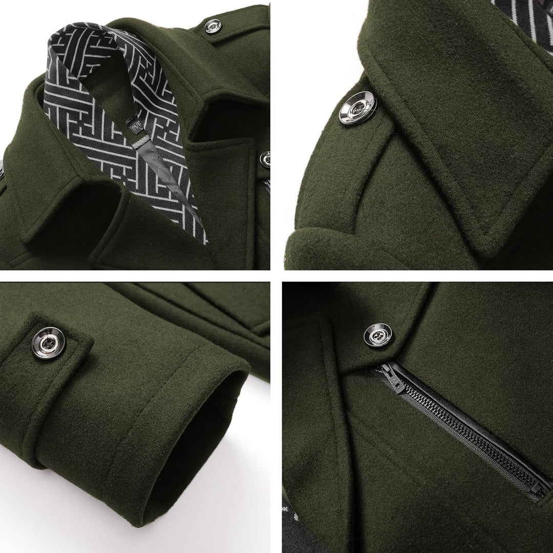 Grüner Wollmantel mit Knöpfen und Reißverschluss, geometrisches Innenfutter, Herrenmode.