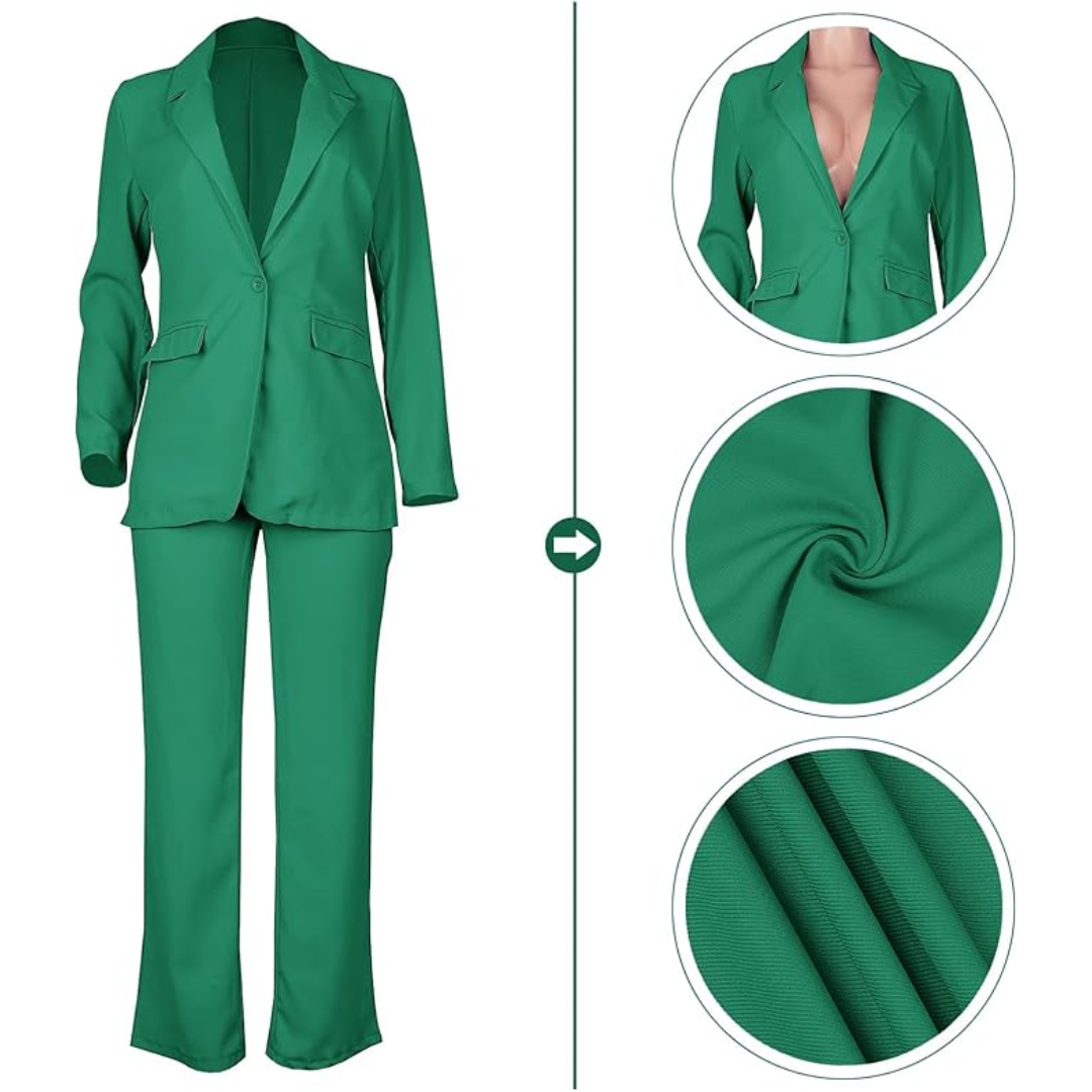 Grüner Damenanzug aus Satin, zweiteilig, elegant, für Büro und Business, mit Blazer und Hose.