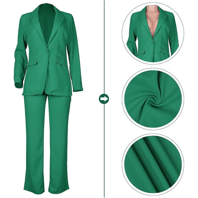 Grüner Damenanzug aus Satin, zweiteilig, elegant, für Büro und Business, mit Blazer und Hose.
