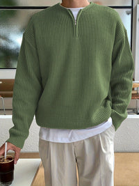 Grüner Strickpullover mit Reißverschluss, Herrenmode, lässig, Baumwolle, Herbstkleidung.