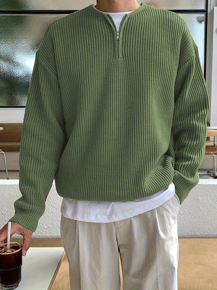 Grüner Strickpullover mit Reißverschluss, Herrenmode, lässig, Baumwolle, Herbstkleidung.