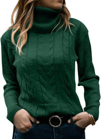 Grüner Rollkragenpullover Damen, Zopfmuster, Strick, Wintermode, elegant, warm, casual.