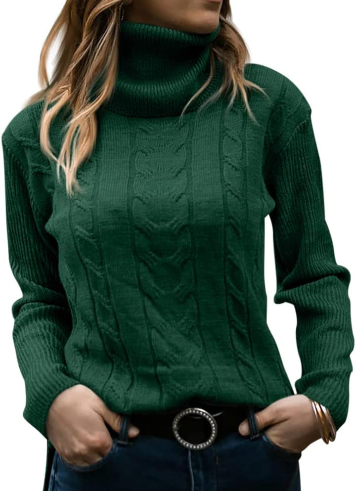 Grüner Rollkragenpullover Damen, Zopfmuster, Strick, Wintermode, elegant, warm, casual.