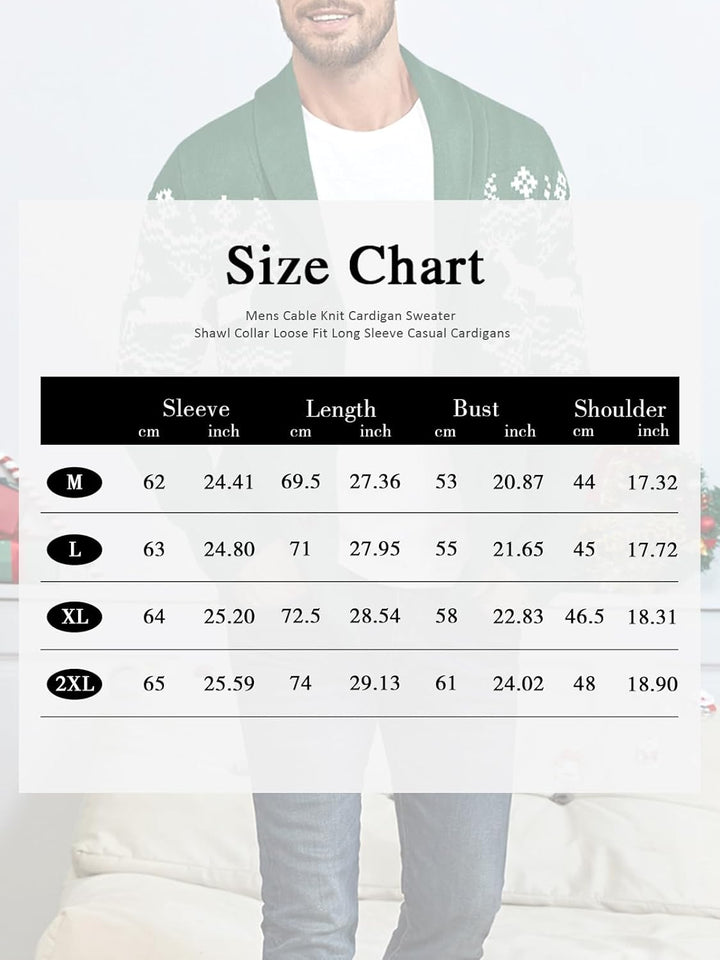 Grüner Strickcardigan mit Schalkragen, Herrenmode, Größentabelle, lässiger Stil.